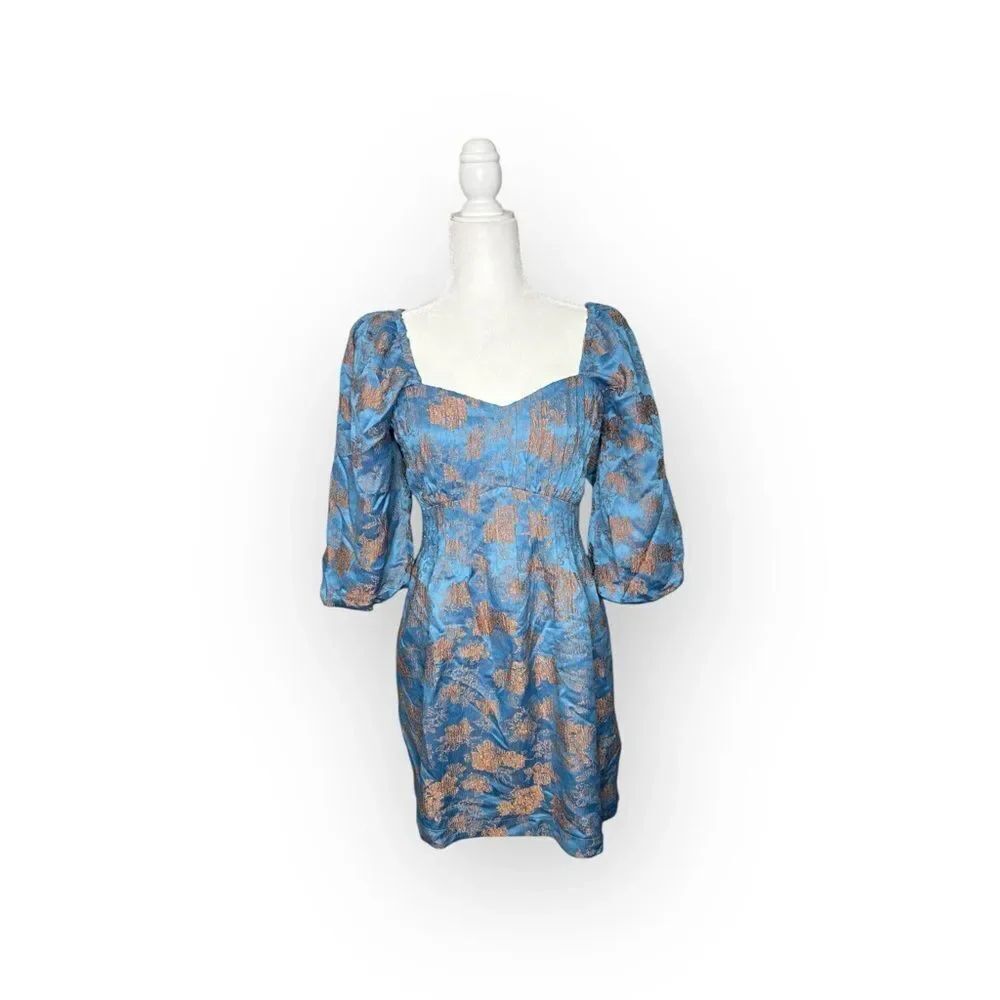 GREYLIN Blue & Copper Printed Puff Sleeve Dress Size Medium
